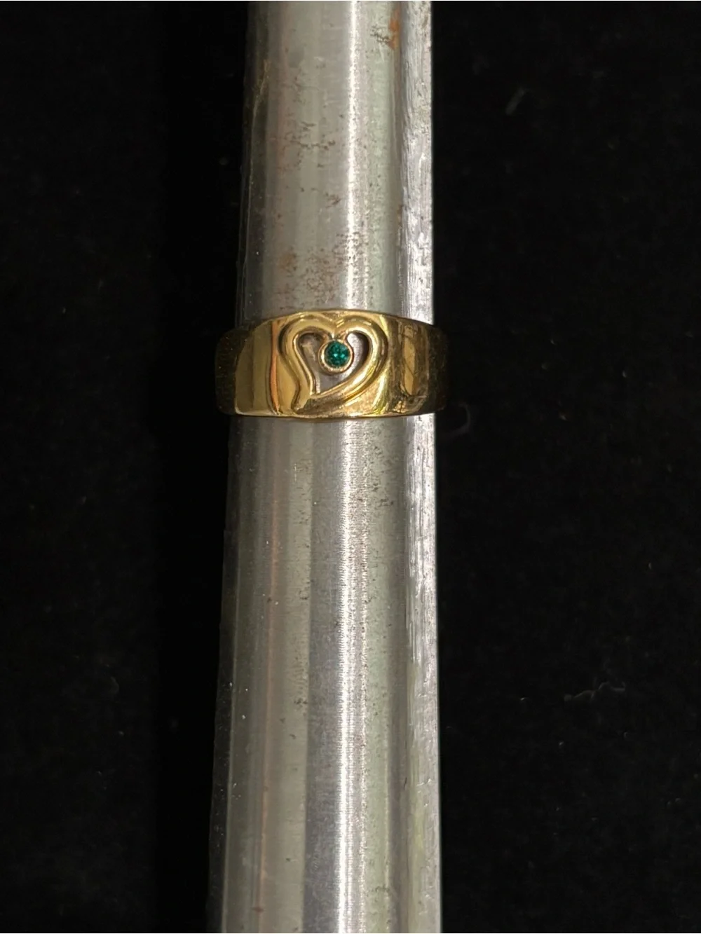 Vintage Avon Gold-Tone Heart Ring with Green Birthstone